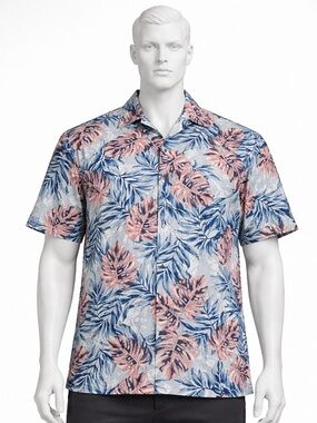 Tommy Bahama Short-Sleeve Button-Down in Blue and Pink Tropical Leaf Print